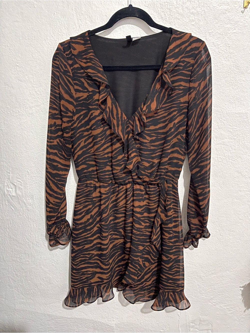 Divided Brown and Black Tiger-Print Ruffle Wrap Dress